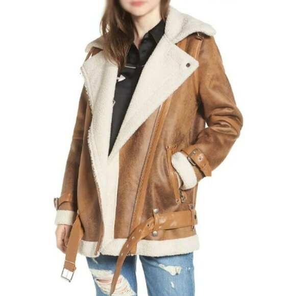 Avec Les Filles Jackets & Blazers - AVEC LES FILLES Coat Worn On TV Eden McCoy Camel Faux Shearling Jacket Moto XS